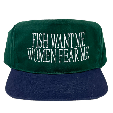 FISH WANT ME WOMEN FEAR ME Vintage Custom Embroidered Green Crown Strapback Cap Hat