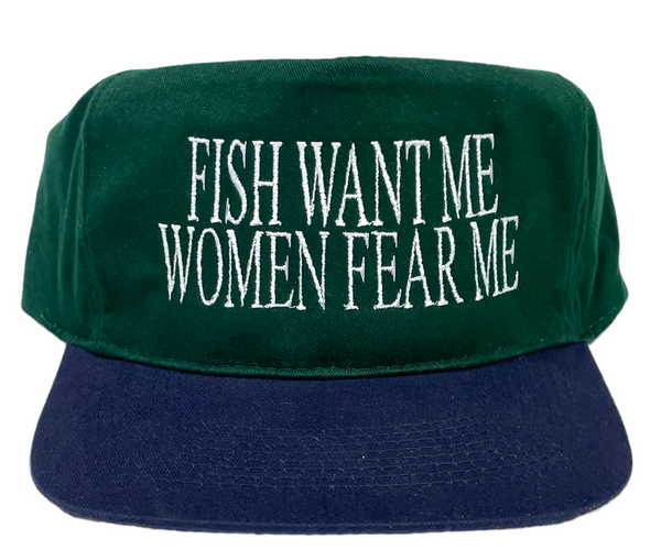 FISH WANT ME WOMEN FEAR ME Vintage Custom Embroidered Green Crown Strapback  Cap Hat