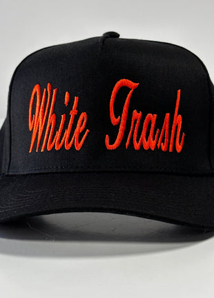 White Trash on a Black SnapBack Hat Cap Custom Embroidery