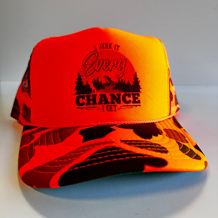 I JERK IT EVERY CHANCE I GET Funny Fishing Orange CAMO SnapBack Mesh Trucker Cap Hat Custom Printed
