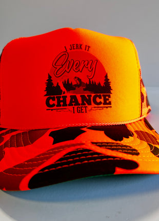 I JERK IT EVERY CHANCE I GET Funny Fishing Orange CAMO SnapBack Mesh Trucker Cap Hat Custom Printed