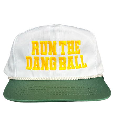RUN THE DANG BALL Yellow and Green on a Vintage Rope Green Brim Snapback Cap Hat Custom Embroidered