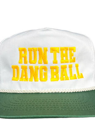 RUN THE DANG BALL Yellow and Green on a Vintage Rope Green Brim Snapback Cap Hat Custom Embroidered