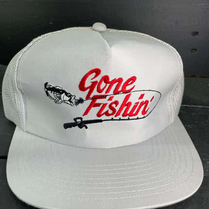 Vintage Gone Fishin Gray Mesh Snapback Trucker Cap Hat