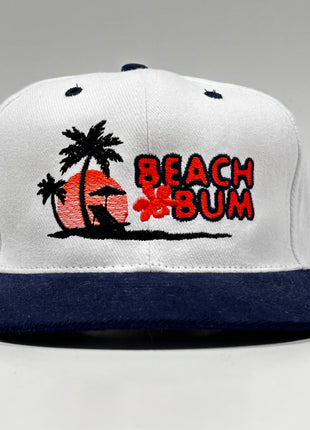 Beach Bum White Crown Navy Brim Strapback Hat Cap Custom Embroidery