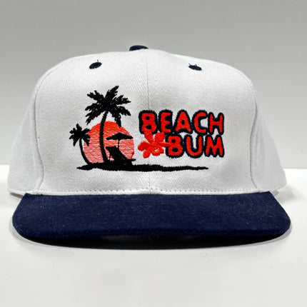 Beach Bum White Crown Navy Brim Strapback Hat Cap Custom Embroidery