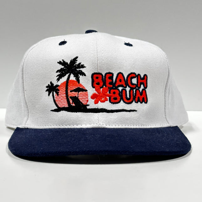 Beach Bum White Crown Navy Brim Strapback Hat Cap Custom Embroidery