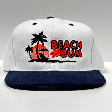 Beach Bum White Crown Navy Brim Strapback Hat Cap Custom Embroidery