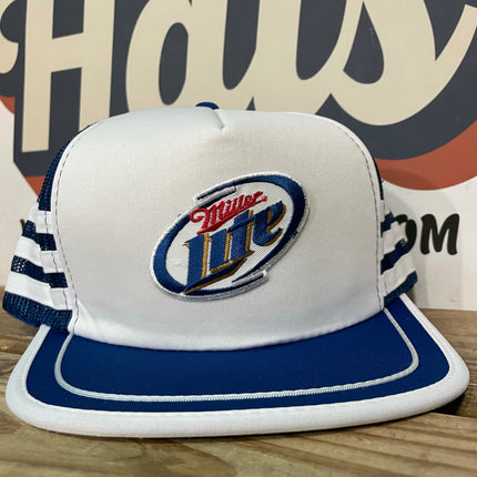 Custom Miller Lite Beer Vintage White 3 Stripe Blue Mesh Trucker Cap Snapback Hat (Ready to Ship)