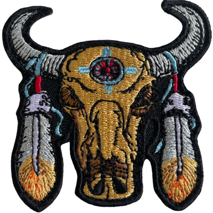 Bull Skull with Feathers 3” x 2.75” Sew On Patch