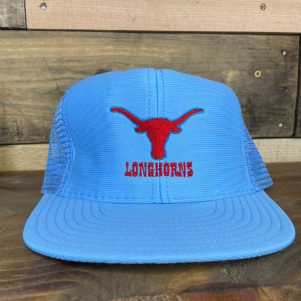 Custom Embroidered  Longhorns 1980s Vintage Light Blue Mesh Trucker Snapback Cap Hat