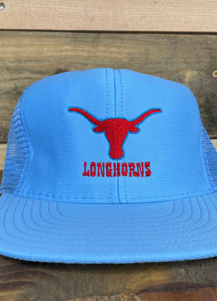 Custom Embroidered  Longhorns 1980s Vintage Light Blue Mesh Trucker Snapback Cap Hat