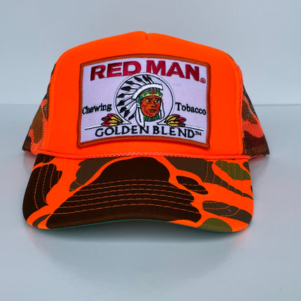 Custom Red Man Golden Blend patch Orange Camo Mesh Trucker Snapback Cap Hat