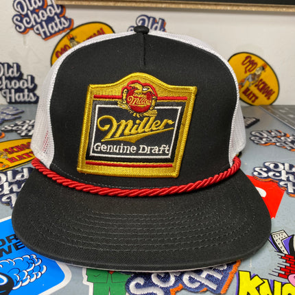 Custom Miller Genuine Draft Beer Vintage Black Crown White Mesh Snapback Hat Cap with Red Rope