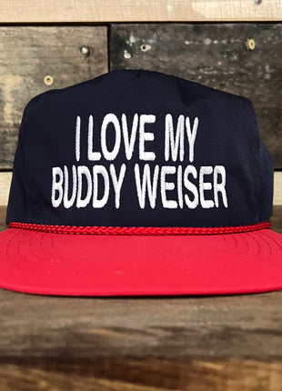 I Love My Buddy Weiser Vintage Navy Crown Red Brim SnapBack Hat Cap with Red rope Custom Embroidery