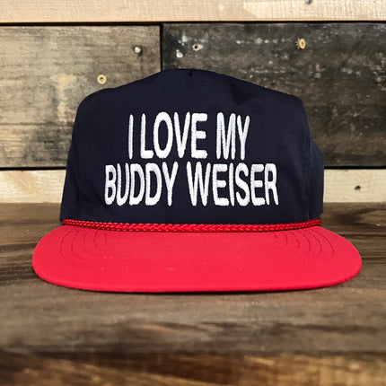 I Love My Buddy Weiser Vintage Navy Crown Red Brim SnapBack Hat Cap with Red rope Custom Embroidery