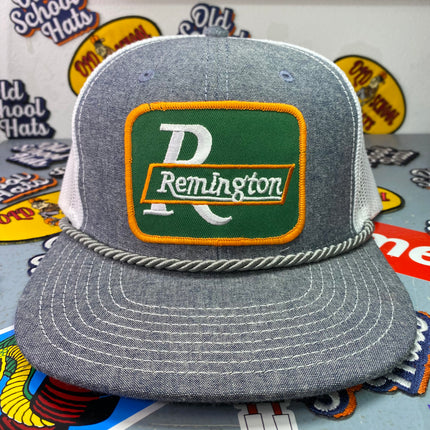 Custom Remington patch Gray Denim Like Mesh Snapback Hat Cap with Rope