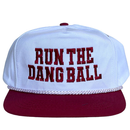 RUN THE DANG BALL Red and White on a Vintage Rope Maroon Brim Snapback Cap Hat Custom Embroidered