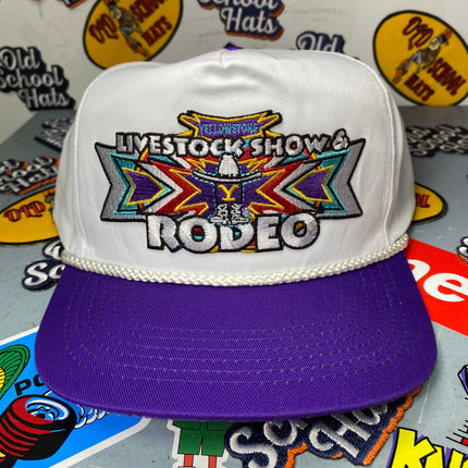 Custom Livestock Rodeo Yellowstone patch Vintage Purple Brim White Crown Snapback Hat Cap with White Rope