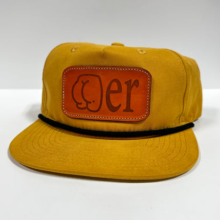 Leather Head Custom Butter butt her Genuine Leather Funny Patch Sewn on a Yellow Mustard SnapBack Hat Cap with Rope