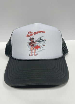 The Happy Fisherman on a Gray Mesh Trucker SnapBack Hat Cap Custom Printed