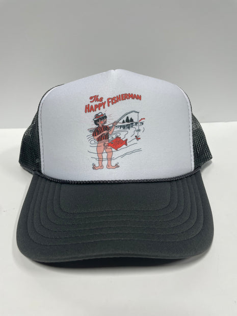 The Happy Fisherman on a Gray Mesh Trucker SnapBack Hat Cap Custom Printed