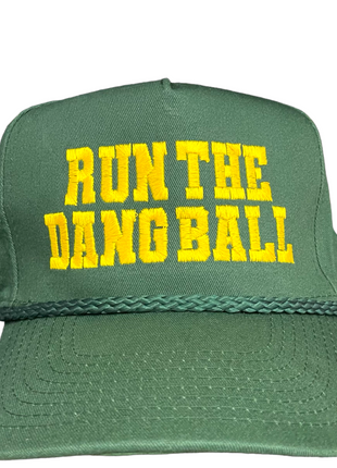 RUN THE DANG BALL Yellow and Green on a Vintage Rope Green Snapback Cap Hat Custom Embroidered