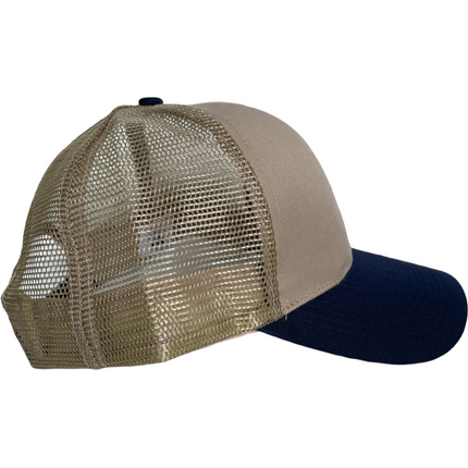 Vintage Tan Crown 5 Panel Navy Brim Mesh SnapBack Hat Cap