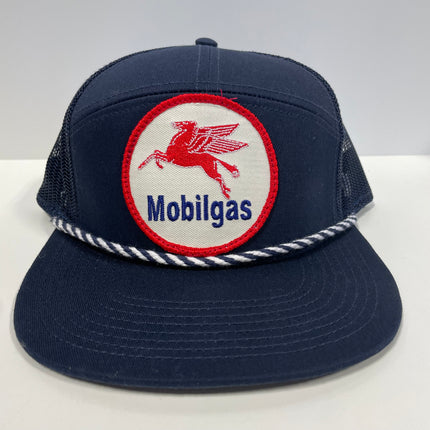 Custom Mobil Gas Oil 7 Panel Mesh Snapback Hat Cap with braided Rope