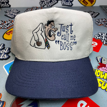 JUST CALL ME BOSS Funny Vintage Navy Brim Strapback Cap Hat Custom Embroidery