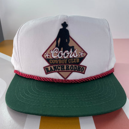 Custom Coors Ranch Rodeo Vintage White Crown Green Brim SnapBack Hat Cap With Burgundy Rope