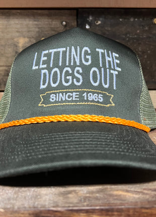 Letting The Dogs Out Since 1965 Vintage Green Mesh SnapBack Hat Cap with Yellow rope Custom embroidery