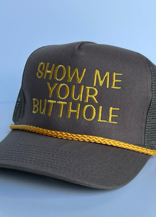 Show Me Your Butthole Army Green Mesh Rope Snapback Trucker Cap Hat Humor Custom Embroidery
