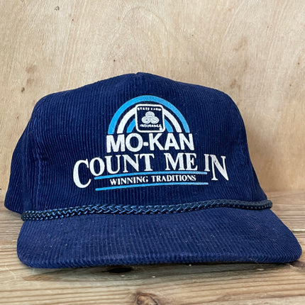 Vintage State Farm Insurance MO-KAN COUNT ME IN Blue Corduroy Rope Snapback Cap Hat