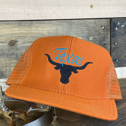 Custom Embroidered Texas Longhorns 1980s Vintage Texas Orange Mesh Trucker Snapback Cap Hat