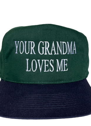 YOUR GRANDMA LOVES ME Vintage Green Crown Navy Brim Strapback Cap Hat Funny Custom Embroidered
