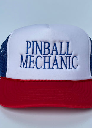 Pinball Mechanic BLUE Mesh WHITE Crown RED Brim Trucker Snapback Cap Hat Custom Embroidery