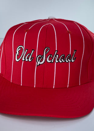 Old School Script Vintage Custom Embroidered Red White Pinstripe Snapback Cap Hat