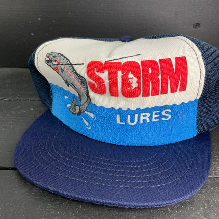 Vintage Storm Lures Navy Blue Mesh Snapback Trucker Cap Hat Made in USA