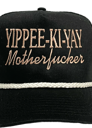 YIPPEE-KI-YAY White Rope Vintage Custom Embroidered Black Mesh Trucker Snapback Cap Hat