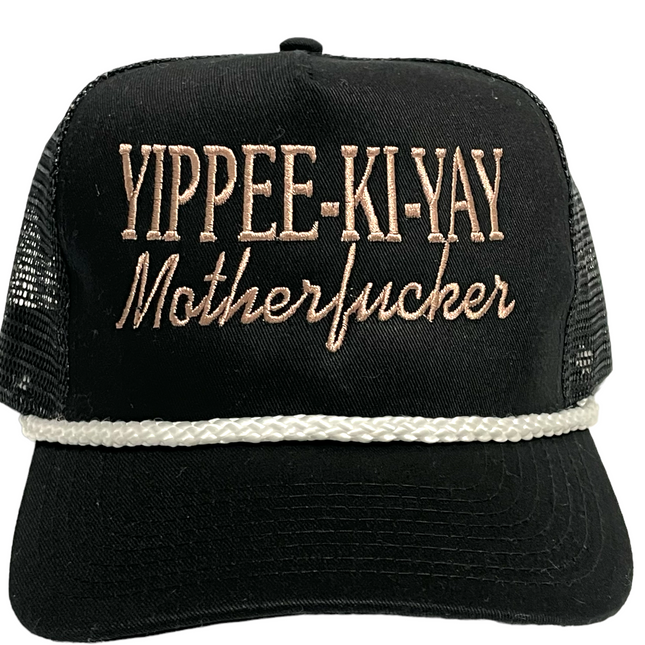YIPPEE-KI-YAY White Rope Vintage Custom Embroidered Black Mesh Trucker Snapback Cap Hat