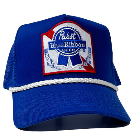 Custom Blue Ribbon Beer patch on a Vintage Blue Mesh Trucker SnapBack Hat Cap