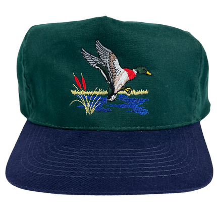 OSH Mallard Duck Vintage Green Navy Brim Strapback Cap Hat Custom Embroidered