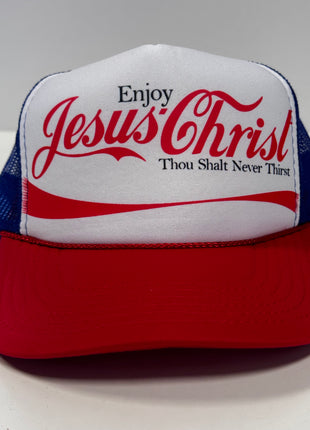 Enjoy Jesus Christ on a vintage red white blue mesh Trucker SnapBack Hat Cap Custom Printed