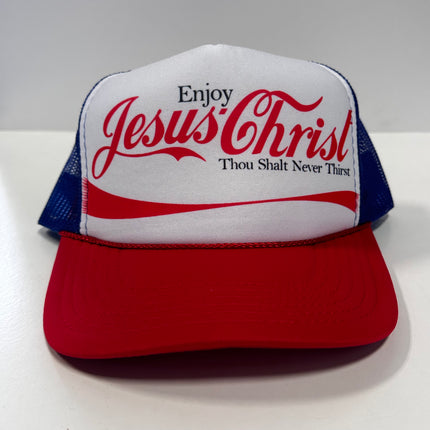 Enjoy Jesus Christ on a vintage red white blue mesh Trucker SnapBack Hat Cap Custom Printed