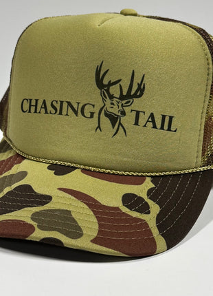 Chasing Tail Deer Hunting Green Camo Curve Bill Mesh Trucker SnapBack Cap Funny Hunting Hat Custom Printed