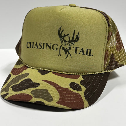 Chasing Tail Deer Hunting Green Camo Curve Bill Mesh Trucker SnapBack Cap Funny Hunting Hat Custom Printed