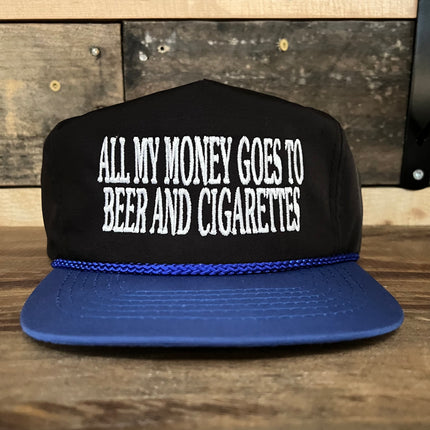 All My Money Goes To Beer And Cigarettes Vintage Black Crown Blue Brim Zipback Hat Cap with blue rope Custom Embroidery