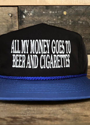 All My Money Goes To Beer And Cigarettes Vintage Black Crown Blue Brim Zipback Hat Cap with blue rope Custom Embroidery