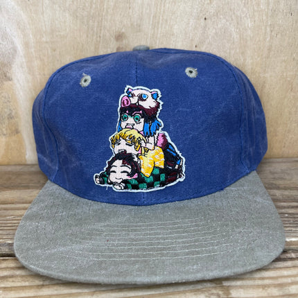 Custom Anime Demon Slayer Vintage Blue Crown Tan Brim SnapBack Hat Cap